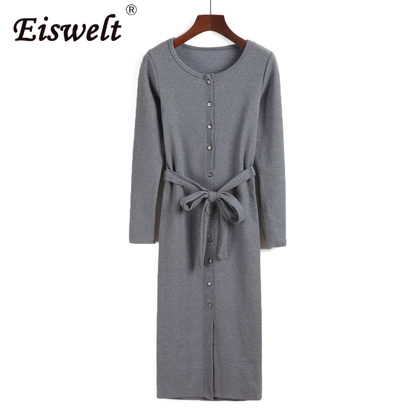 EISWELT Gebreide Vintage Jurk vrouwen Herfst en Winter Bodycon Vestidos Lange Mouwen Fitness Jurken: Grijs / L