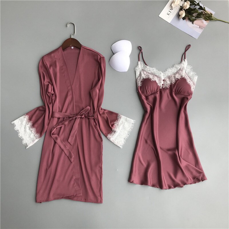 Sexy Robes ensembles solide Kimono 2 pièces Robe Peignoir vêtements de nuit Peignoir Robes de mariée en dentelle Robes de demoiselle d'honneur H174
