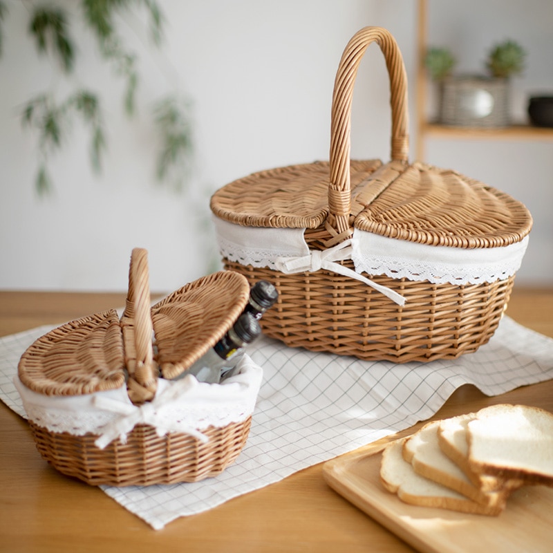 Cesta de Picnic hecha a mano, bolsas de mimbre para el almuerzo, cesta de almacenamiento de Compras de para Camping con tapa, cesta de almacenamiento de alimentos tejida para mujeres, cesta para fruta