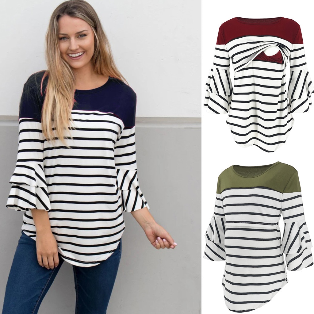 Chemisier Manches 3/4 Pour Femme Enceinte TDEOK - Tissu Doux Extensible, Col Rond, Style Pagode - Pour Grossesse Et Allaitement, Rayé