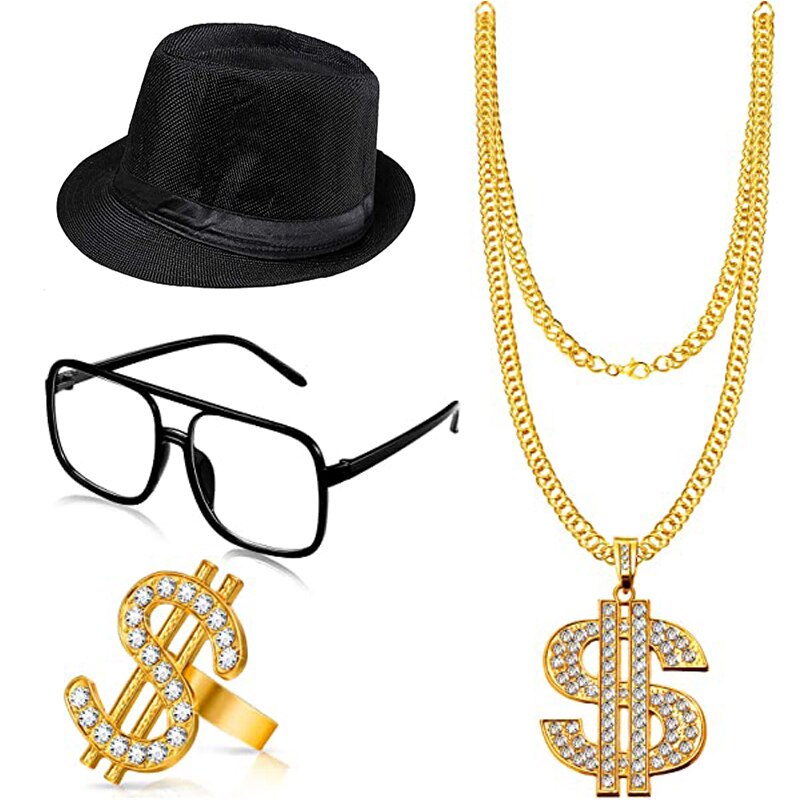 4 stykker hip hop kostume sort hvid hat briller dollarskilt guld kæde ring hip hop 80s/90s rapper tilbehør halloween fest: Sort