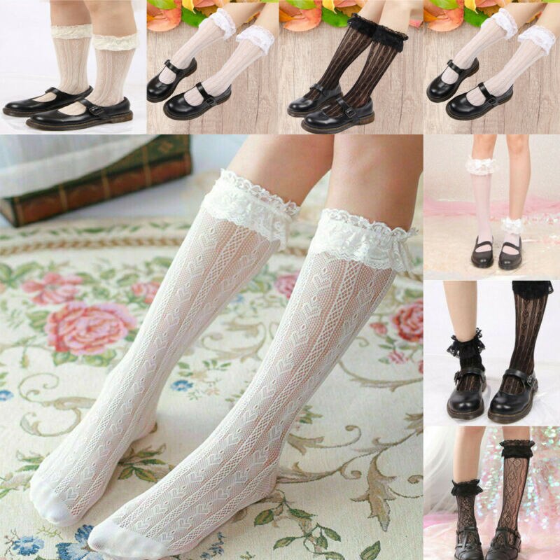 Meninas adorável lolita rendas floral meias plissado macio plissados elástico fishnet curto tornozelo meias preto branco