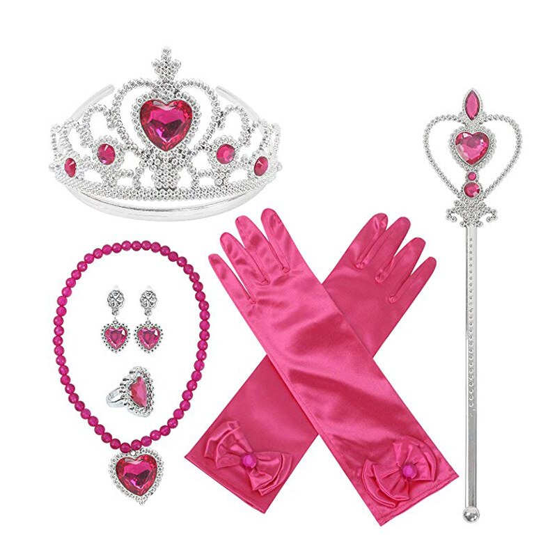 7pcs/lot Girls Princess Elza Dress Up Accessories Crown Necklace Ring Earring Wand Gloves Kids Jewelry Set Cosplay Toys: Rose Red 7pcs