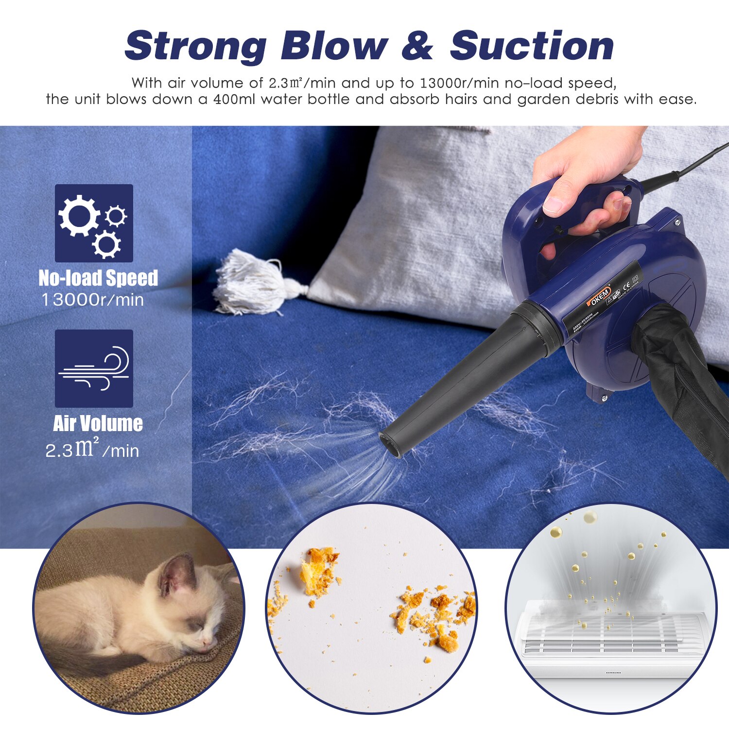 Electric Leaf Blower Corded 3-in-1 Yard Blower Vacuum 600W Powerful Vacuum Cleaner for Car Portable Air Pump for Inflatables