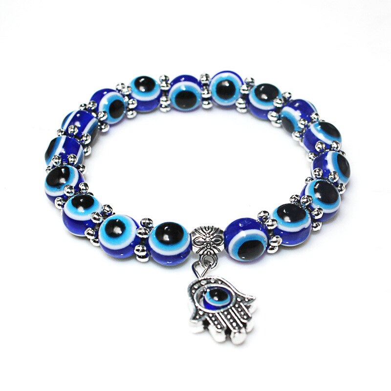 Charme moda prata cor azul grânulo boa sorte pulseira para jóias femininas hamsa mão pulseira