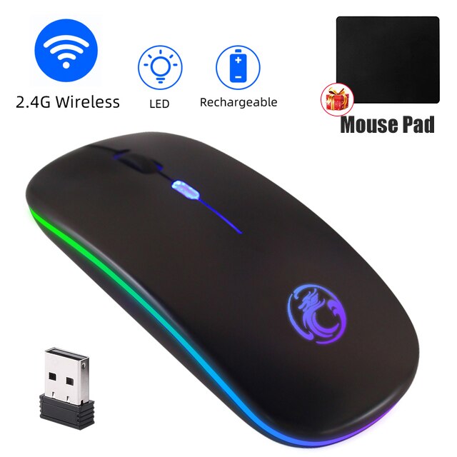 RGB Light Bluetooth Wireless Mouse Silent Rechargeable For Android PC Computer Macbook iPad Backlit Mice Laptop Accessories: Wireless Black