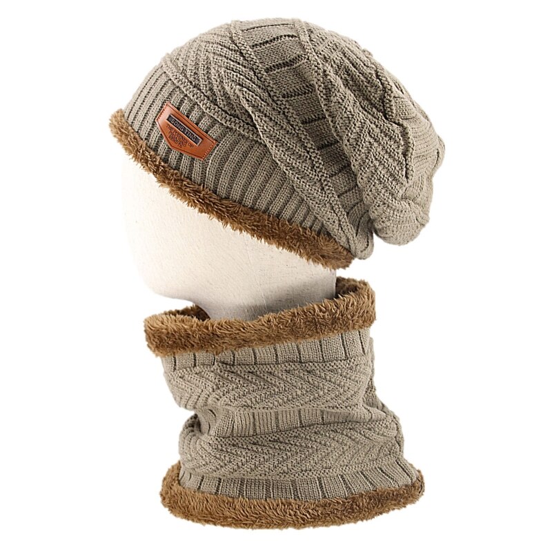 Set van 2 grof gebreide wintermutsen, mutsen en sjaals, met zachte voering en een warme schedelmuts.