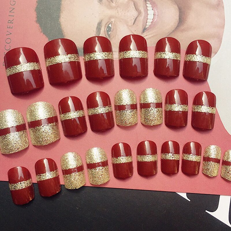 24pcs Short Wine Red Nail Art Short False Nails With Golden Glitter Champagne Wedding Nail Tip Full Nail Polish + 2g Glue