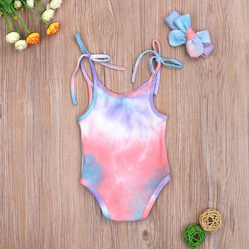 Focusnorm 0-24M 2 Stuks Baby Baby Meisjes Jongens Tie-Dye Bodysuit Mouwloze Riem Bodysuits Hoofdband Gedrukt jumpsuits