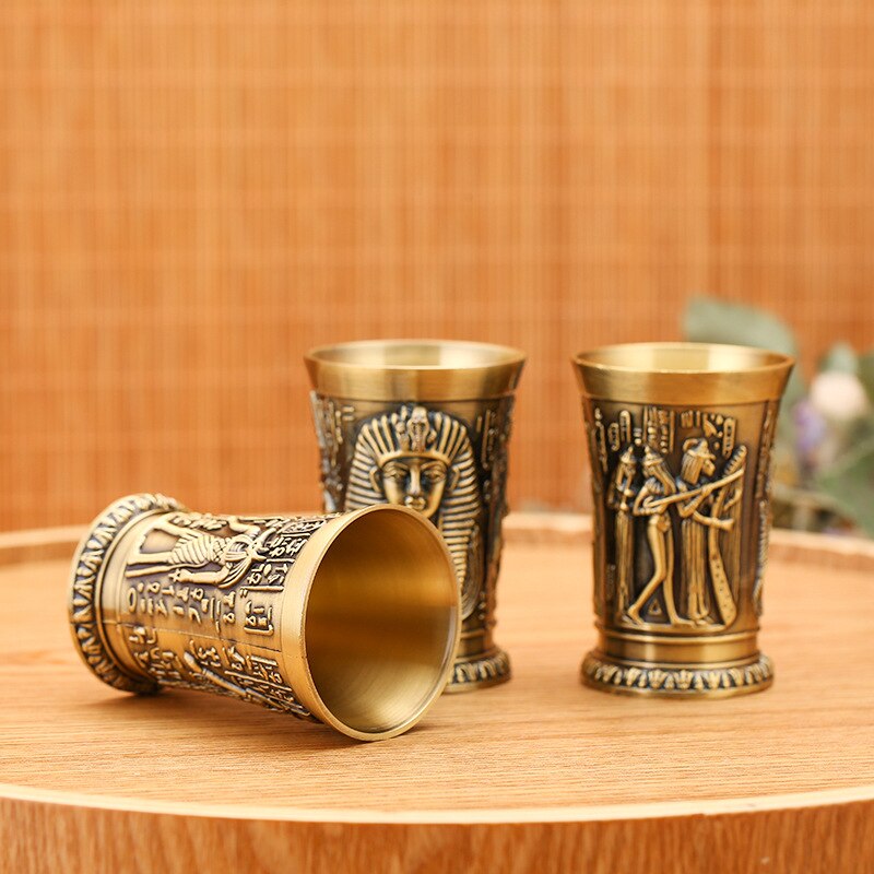 Copa de cobre antigua Retro del antiguo Egipto, vaso de chupito de licor y licor, obra de arte en relieve 3D, cóctel, copa de vino pequeña