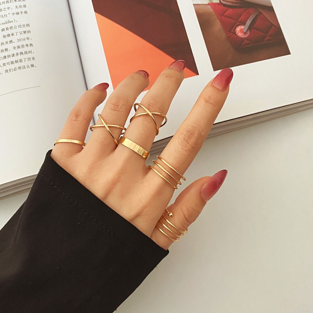 IFMIA 6 sztuk/zestaw Punk Ring Finger minimalistyczny gładkie złoto/czarny geometryczne metalowe pierścionki dla kobiet dziewczyn Party biżuteria Bijoux Femme