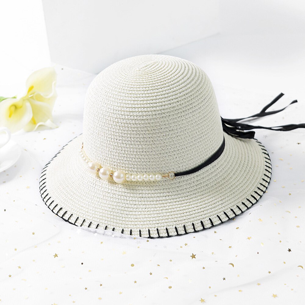 zomer Mode Zomer vrouwen Opvouwbare Wide Brim Grote Elegante Parel Strand Zonnehoed Stro Strand Cap Voor dames Meisjes: 1