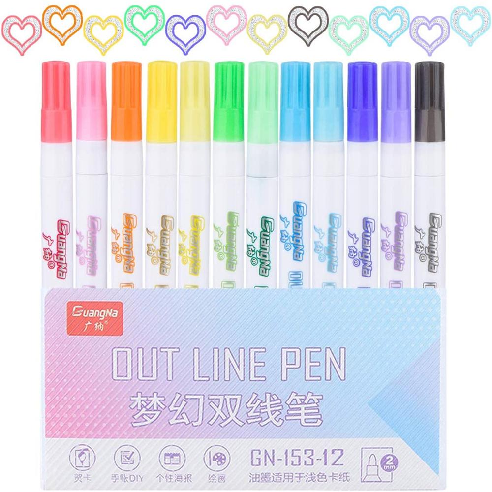12 Magic Double Lines Art Markers Pen Out Line Pen Fine Liner Marker Fineliner Calligraphy Lettering Pen Color Scrapbooking Pens