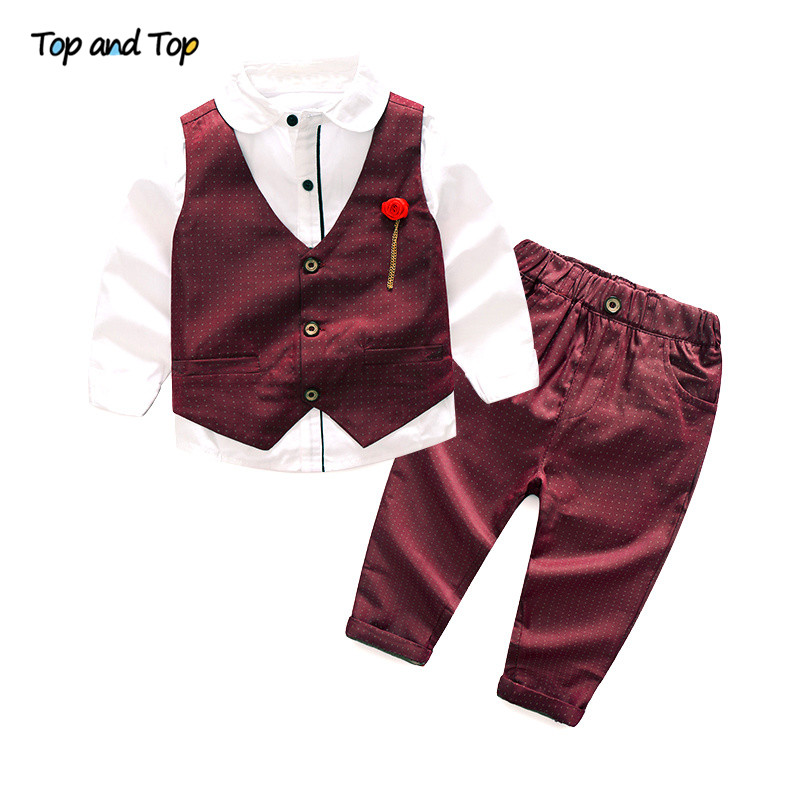 Top and Top Boy Clothes Set Boys Formal Suits Cotton Bow Tie Long Sleeve Shirt+Vest+Trousers 3Pcs Kids Gentleman Outfit: Red / 5