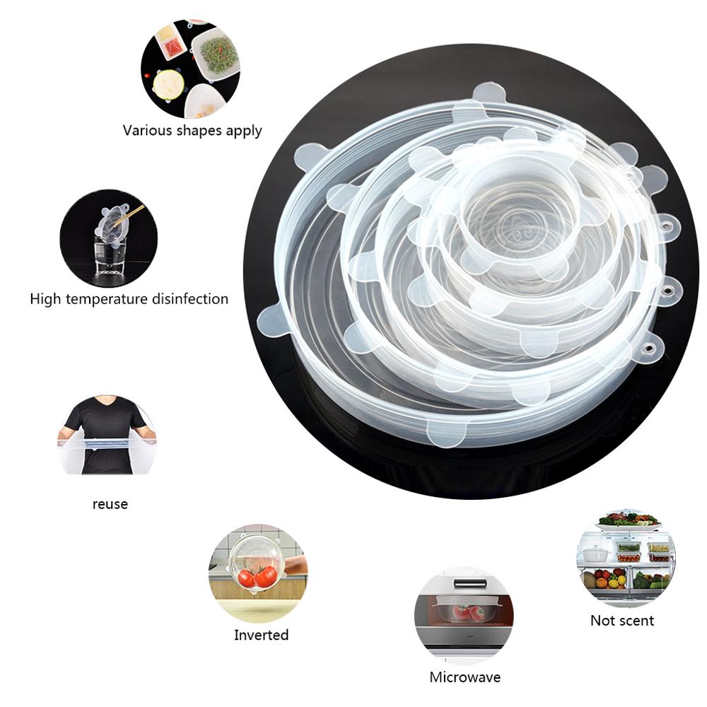 Tapas elásticas de silicona de 6 uds, tapas herméticas reutilizables para envolver alimentos, cubiertas para mantener el bol sellado fresco, cubiertas elásticas para envolver, utensilios de cocina