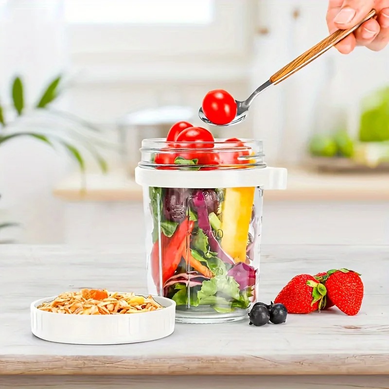 Taza de avena nocturna de 350ML, vaso con tapa y cuchara, taza para desayuno, taza portátil para cereales, leche, ensalada, yogur, artículo de cocina