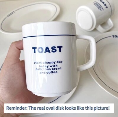 Koreansk stil retro bogstaver enkle blå keramiske tallerken service pasta stegte ris oval dyb tallerken morgenmad dessert snack tallerken: Toast krus