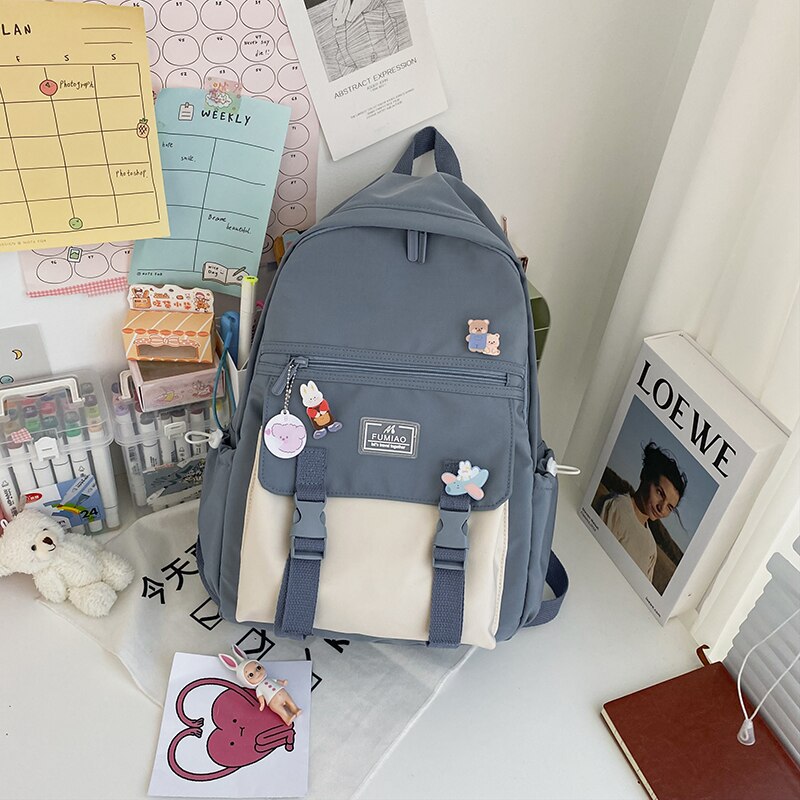 DCIMOR Preppy Style Buckle Student Backpack Contrast Color Zipper Waterproof Nylon Women Backpack Female Lovely Travel Bagpack: blue / only backpack