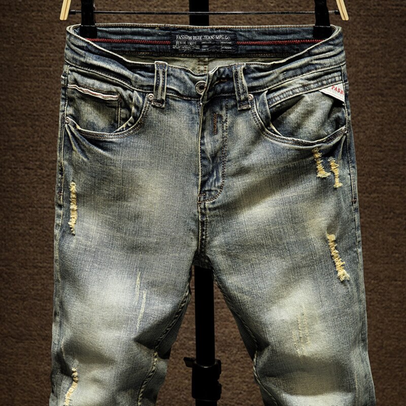 Ripped jeans til mænd slim fit retro blå stretch hip hop forår efterår herre jeans mærke ødelagt iturevne mænds denim jeans