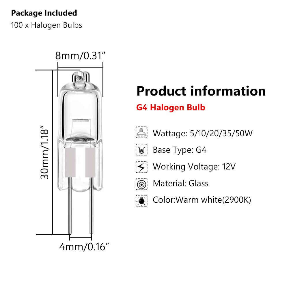 100 kpl 12v g4 sisävaloa maapallon erä jc bi-pin led 5w/10w/20w/35w/50w hehkulamppua sisään helmiä kristallilamput halogeenilamppu