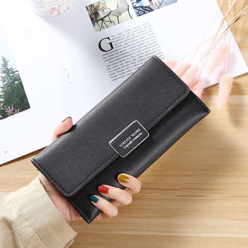 Kaarthouder portemonnee dames lange portemonnee pure kleur clutch tas pu leren portemonnee telefoonkaarthouder tas: Zwart