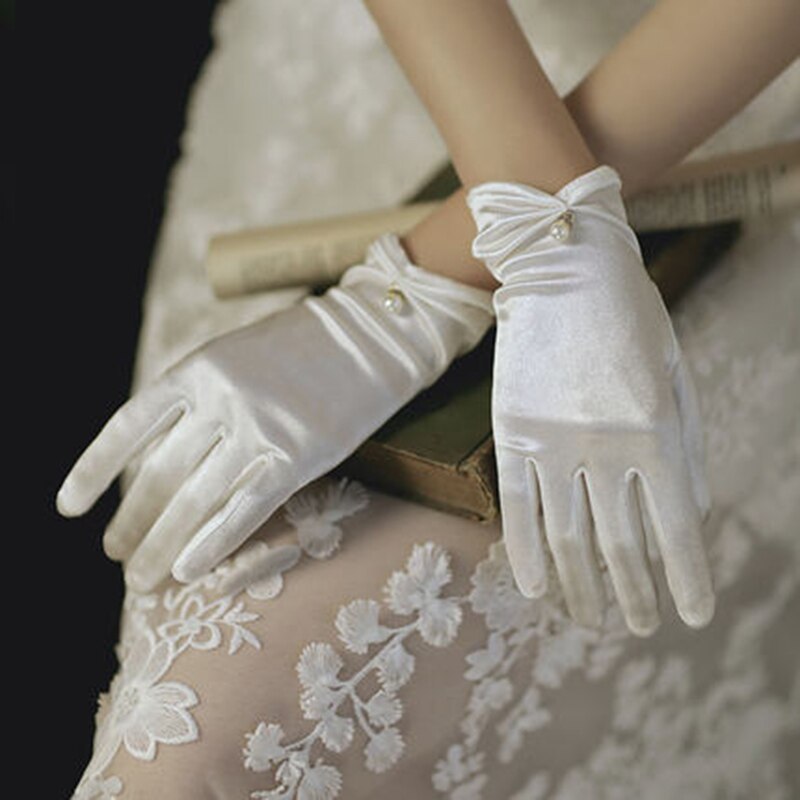 Women's Summer Thin Short Satin Elastic Etiquette Dress Gloves Pearl Lace Bow UV Sunscreen Cycling Driving Mittens K69: Beige