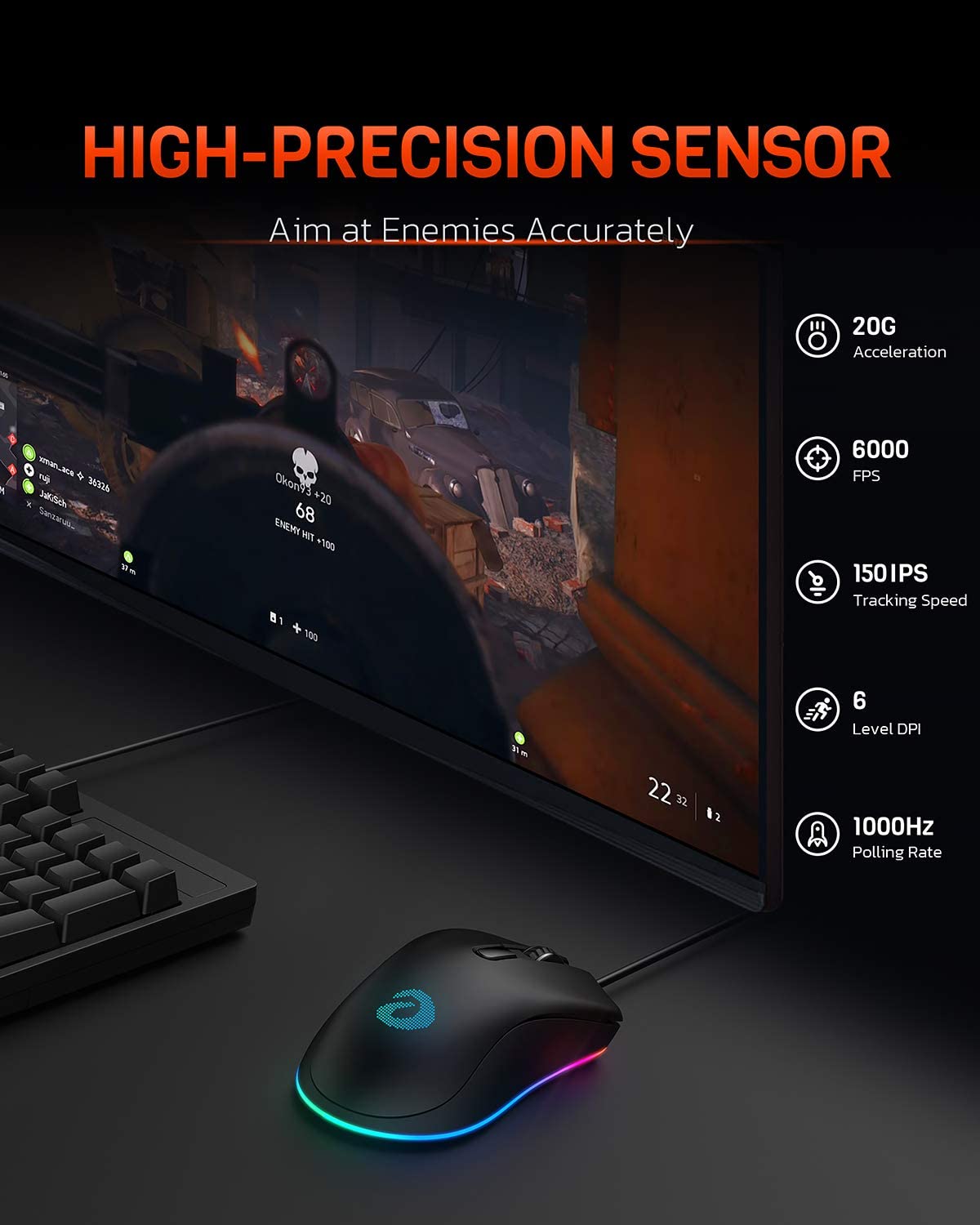 DAREU Wired RGB Gaming Mouse with 6 Programmable Buttons ATG4090 Sensor 6000 DPI 150 IPS 50Million Click Times For PC Steam Game