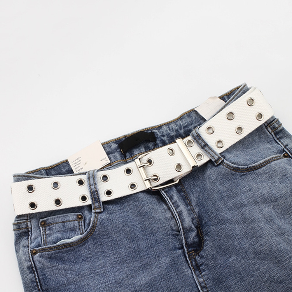 Cinturones de lona ancha para hombre y mujer, cinturón informal de doble Agujero hueco con hebilla, correa ajustable de Color sólido, pantalones vaqueros para estudiantes: White