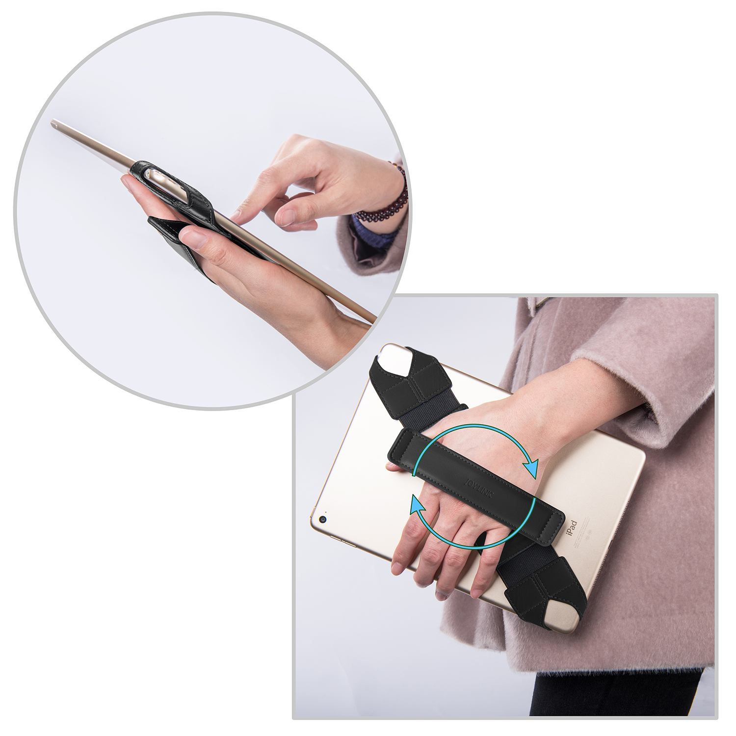 Tablet Stand Houder Voor Ipad 9.7 10.5 Inch Joylink 360 Graden Swivel Generieke Hand Strap Lederen Handvat Grip Met Elastische riem