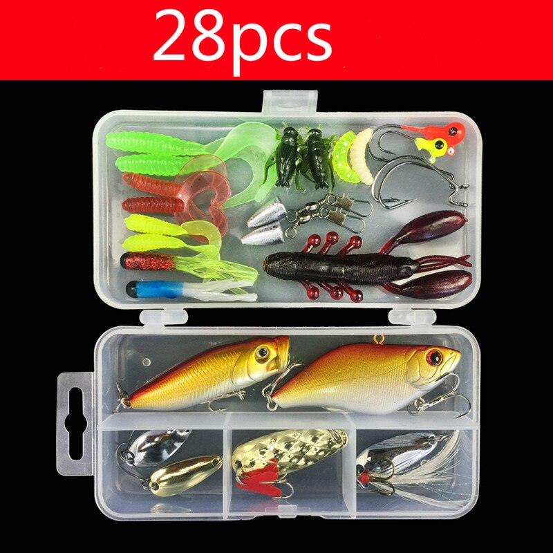 Multi Fishing Lure Mixed Colors Plastic Metal Bait Soft Lure Kit Fishing Tackle Wobbler Spoon Pesca Peche Artificias: 28PCS