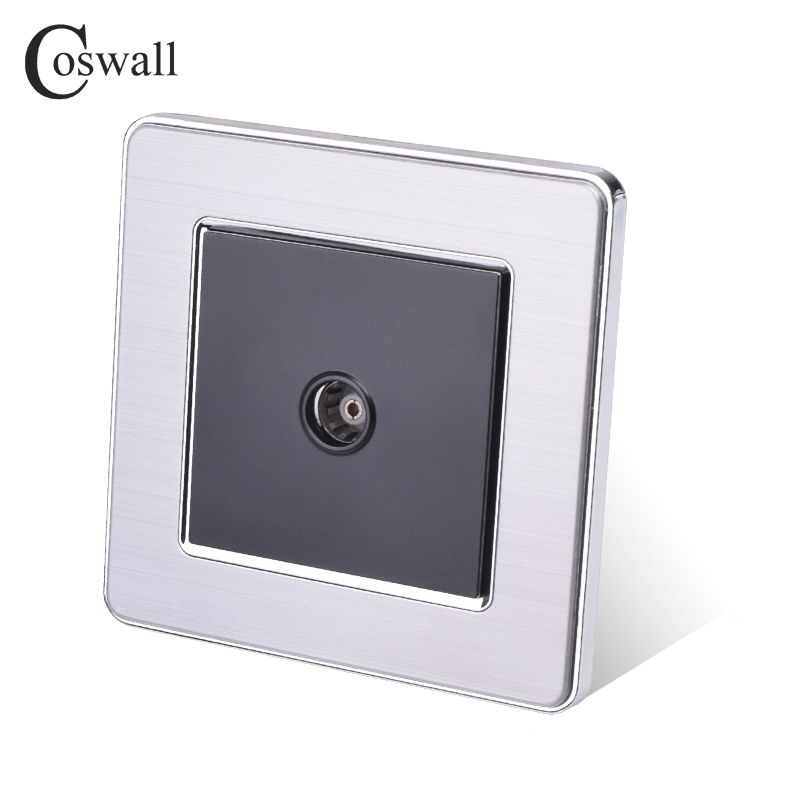 COSWALL 1 Gang Female TV Connector Luxury Wall Socket Outlet Stainless Steel Brushed Silver Frame Panel