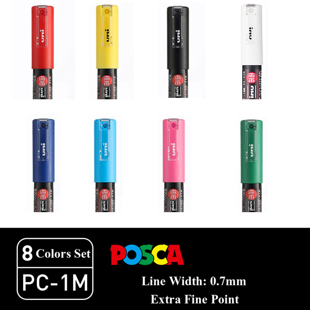 Uni Posca – ensemble complet de marqueurs de peinture acrylique, stylos PC-1M PC-3M PC-5M 7/8/12/15/24/29C pour peinture sur roche, Frabric, verre/métal, Graffiti: YELLOW