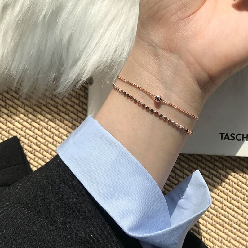 S925 stempel zilveren kleur dubbele laag kralen ketting armband delicate kleine kralen armband voor vrouwen sieraden s -b350: Roségoud