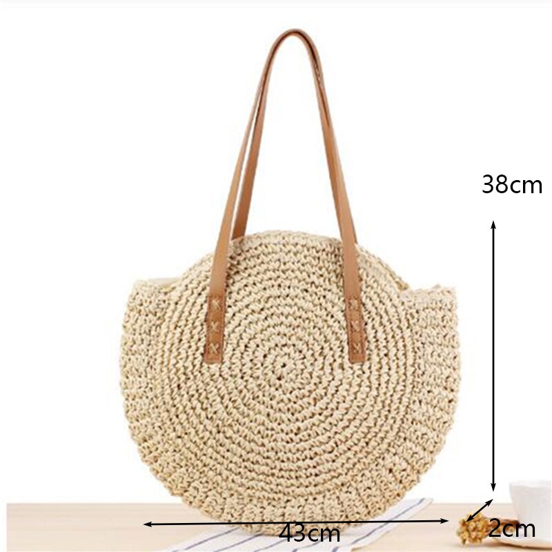 Ronde Stro Strandtas Vintage Handgemaakte Geweven Schoudertas Raffia Cirkel Rotan Zakken Bohemian Zomervakantie Casual Tassen: Beige-medium