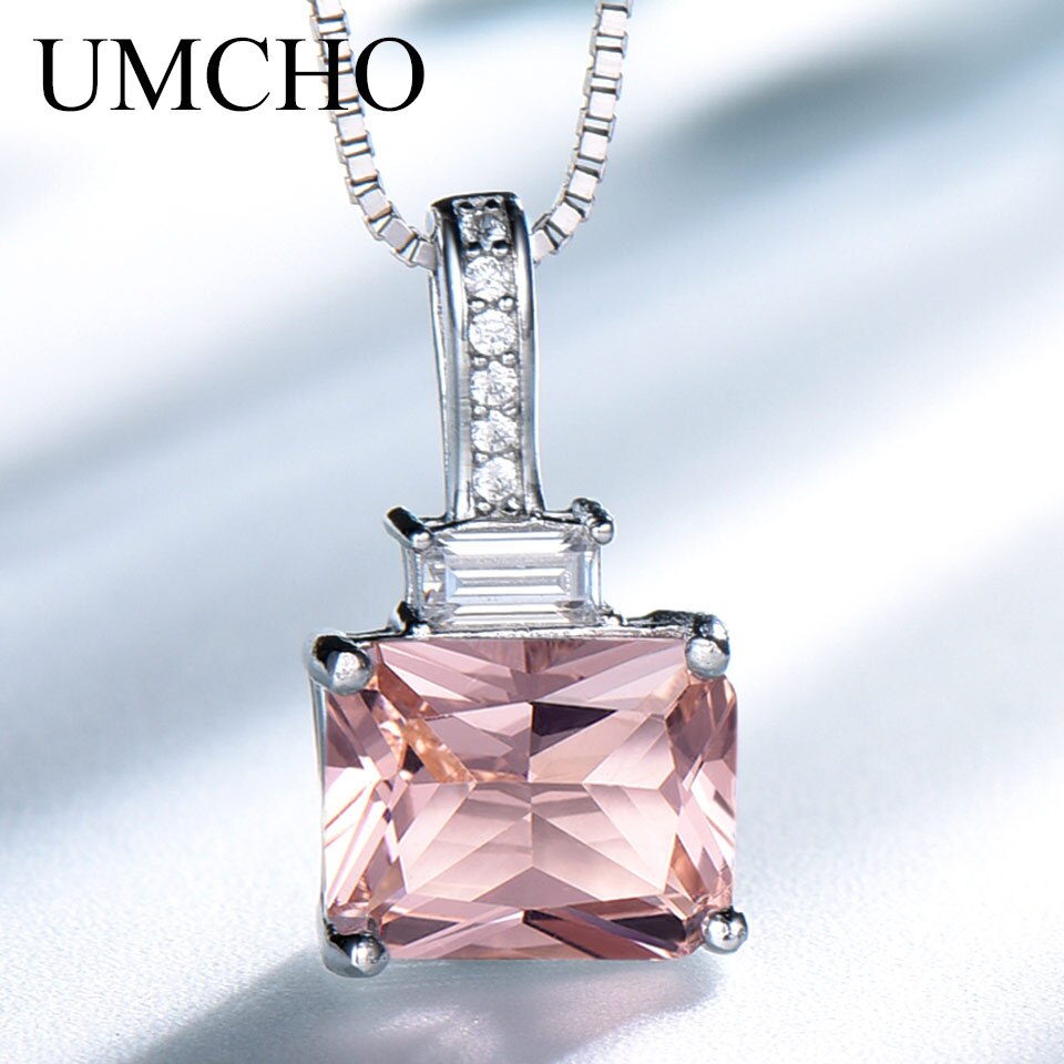 UMCHO Rechthoek Nano Morganite Sieraden 925 Sterling Zilveren Ketting & Hangers Voor Dames Kerst Party Fijne Sieraden