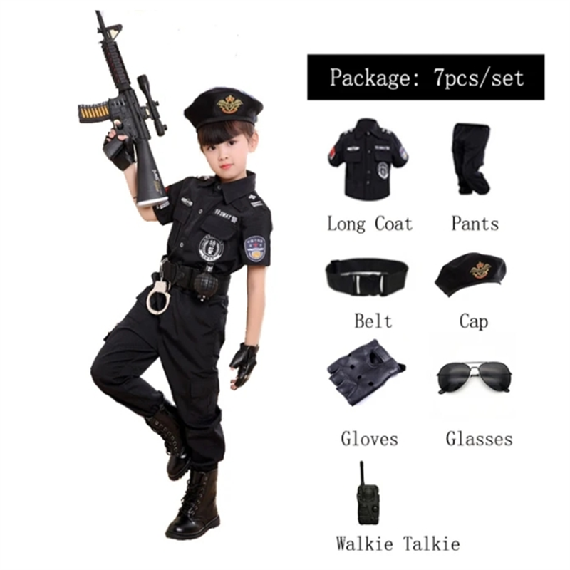 Costumes de policier du SWAT pour enfants, uniforme de police de carnaval pour enfants, armée, policier, soldat, Halloween, 110-160cm, 7 pièces, ensembles: XL / Black