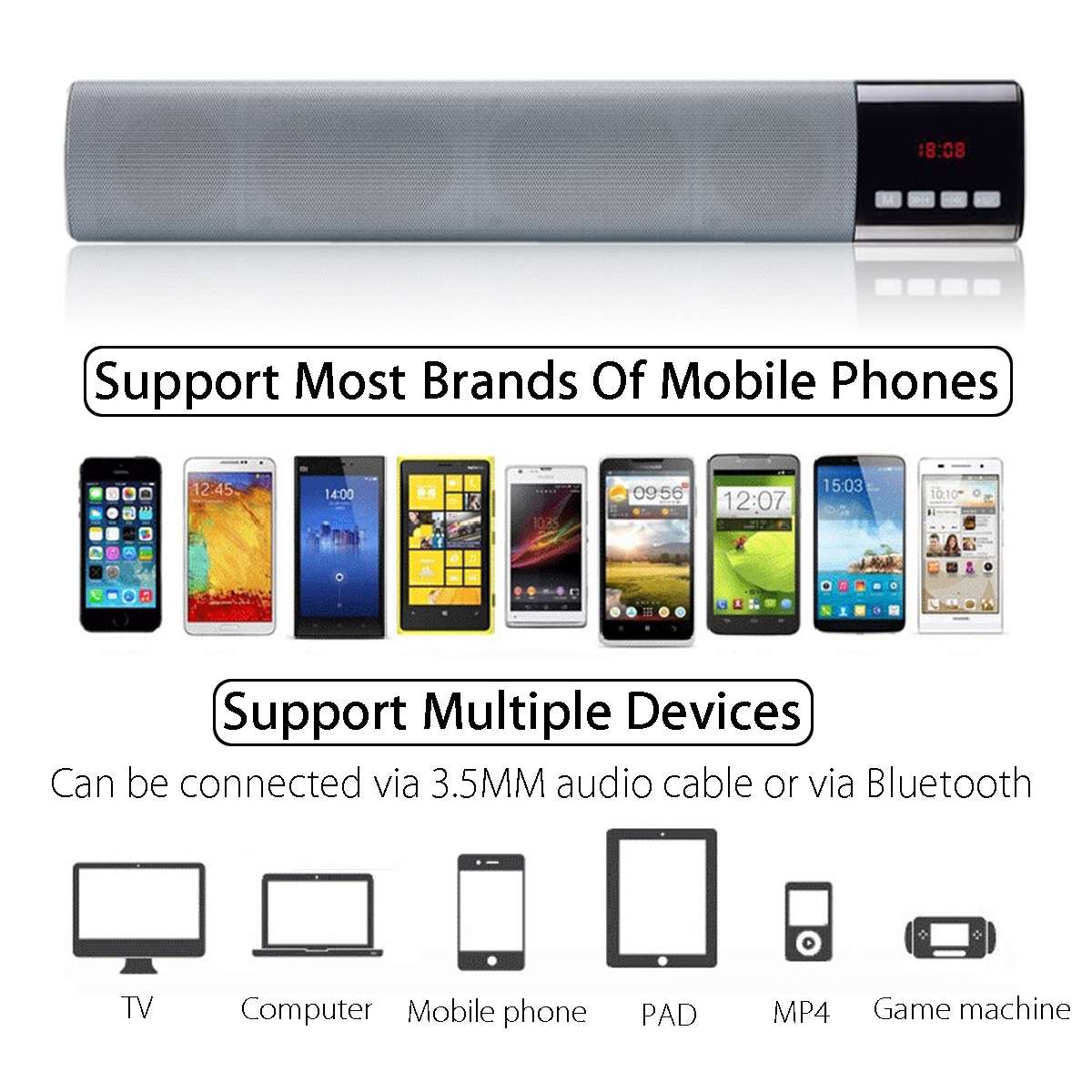Hjemme-tv pc bluetooth soundbar høyttaler bærbar trådløs subwoofer 3d surroundhøyttalere hifi støtte fm radio klokke tf usb