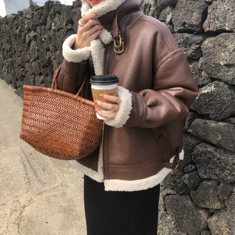 Abrigo de piel sintética de oveja para mujer, chaquetas de borreguito de manga larga a la , prendas de vestir con cremallera, abrigo cálido para otoño e invierno, novedad de: Dark Brown / S