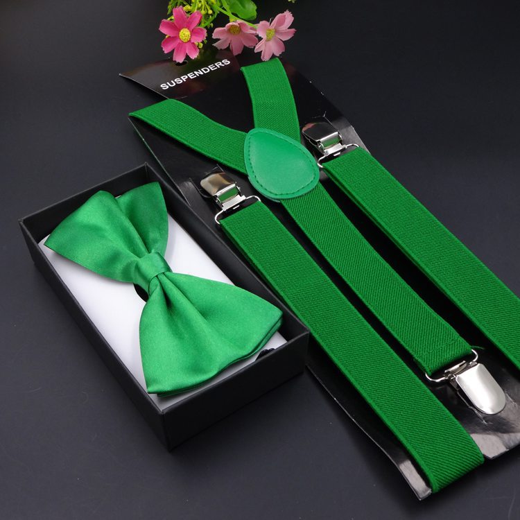 Effen Kleur Man Riem Bowtie Set Mannen Vrouwen Bretels Polyester Y-Back Bretels Twee Kleuren Strikje Verstelbare elastische: green