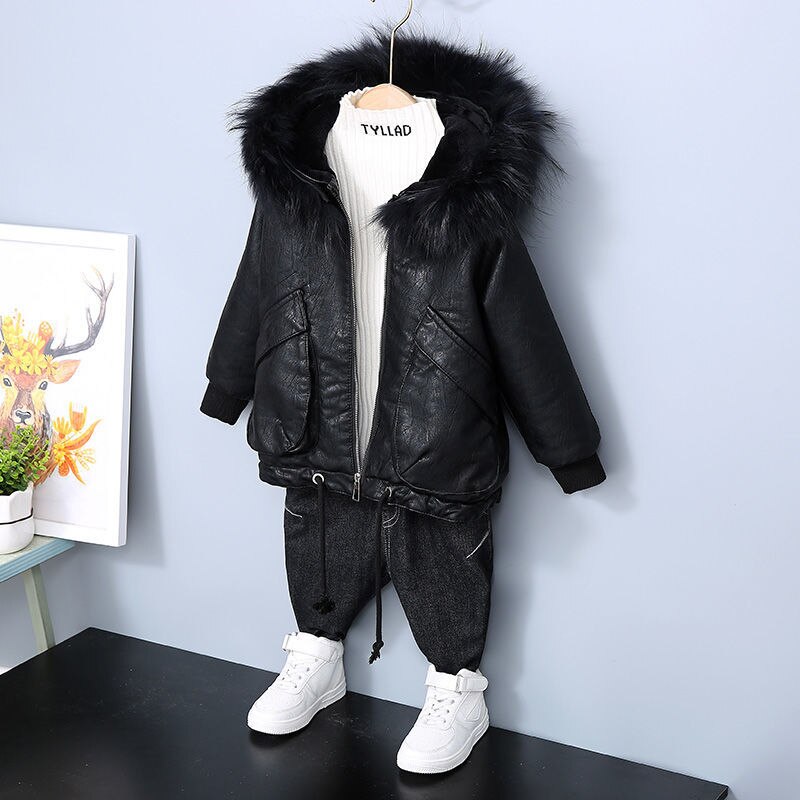 Kinderen Plus Dik Fluwelen Lederen Motorjas Kinderen Pu Leer Capuchon Leren Jas Jongens Warme Jassen