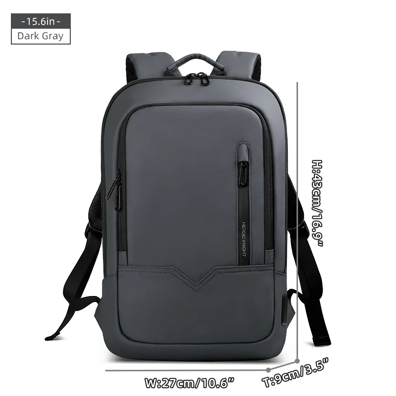 Mochila delgada HK para hombre, bolso para ordenador portátil de 15,6 pulgadas, bolso escolar impermeable con carga USB, mochila de viaje ligera, paquete de trabajo universitario: Gris oscuro