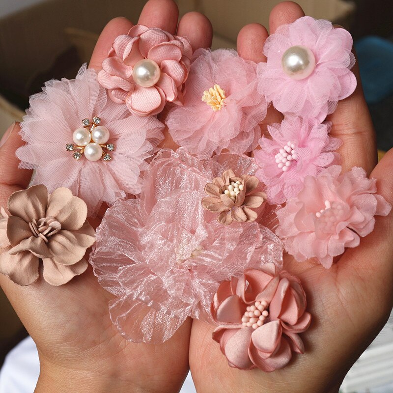 Fleurs en mousseline de soie, 10 pièces/lot, série rose, Styles mixtes, ensemble pour robe de mariée, chapeau, chaussures, décoration