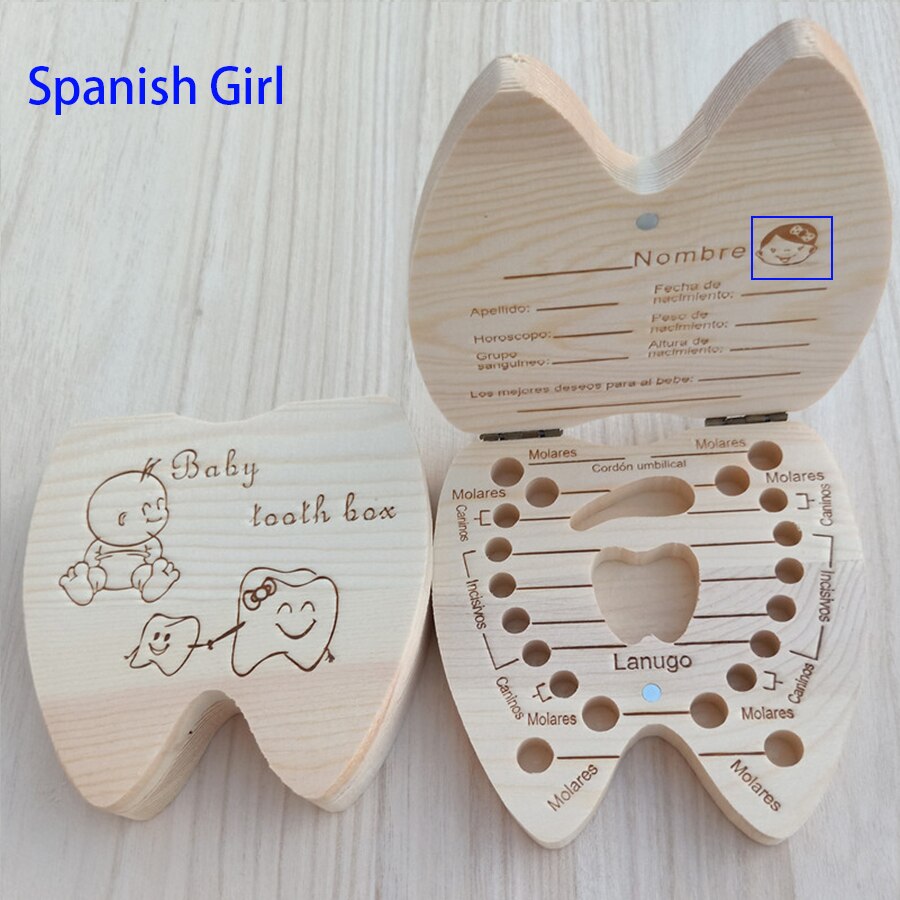 Spansk / engelsk baby træ tandkasse navlestreng arrangør mælketænder opbevaring indsamle tænder baby souvenirs souvenirs: C
