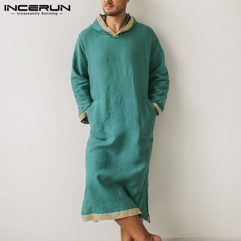 Incerun muçulmano kaftan homem islâmico árabe jubba thobe com capuz retalhos lazer manga longa roupões dubai abaya roupas masculinas plus size
