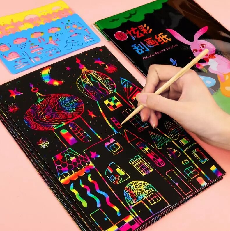 Magic Kleur Rainbow Scratch Art Paper Card Set Speelgoed Met Graffiti Stencil Voor Tekening Stok Diy Art Schilderen Kit Speelgoed kids