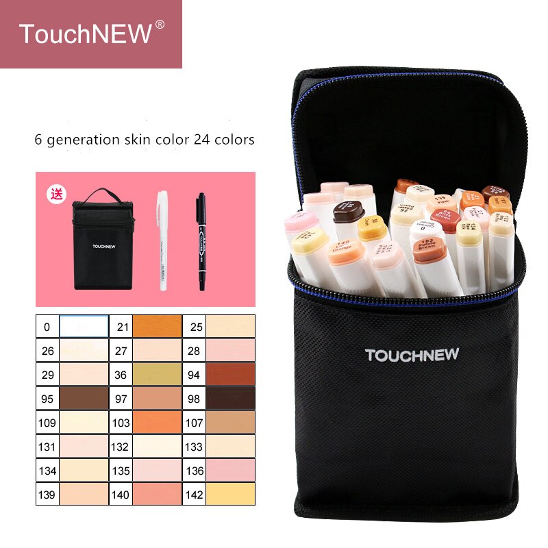 TouchNew Artist Marker Pens 24 Colours Blendable Alcohol Brush Pen Skin Tone Set for Portrait Illustration Drawing Art Markers: T6 24color white rod