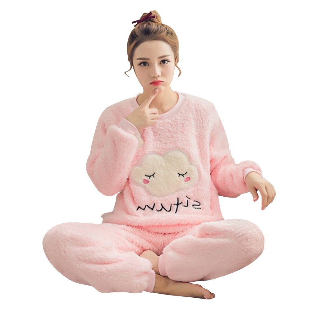 2pcs Korean Winter Warm Thicken Flannel Pajamas Set Sweet Women Long Sleeve Cartoon Print Leisure Homewear Sleepwear Tops+Pants: Pink / XXL