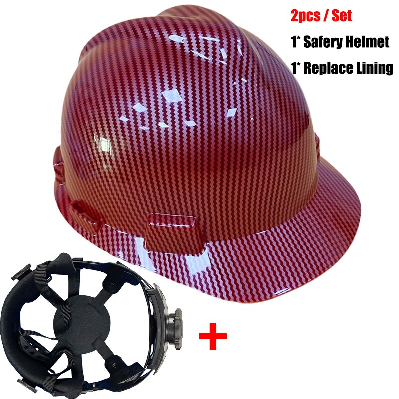 2pcs/set CE ABS Safety Helmet Carbon Fiber Construction V Gard Hard Hat with Lining Protective Helmets Work Cap Headwear: Dark Red