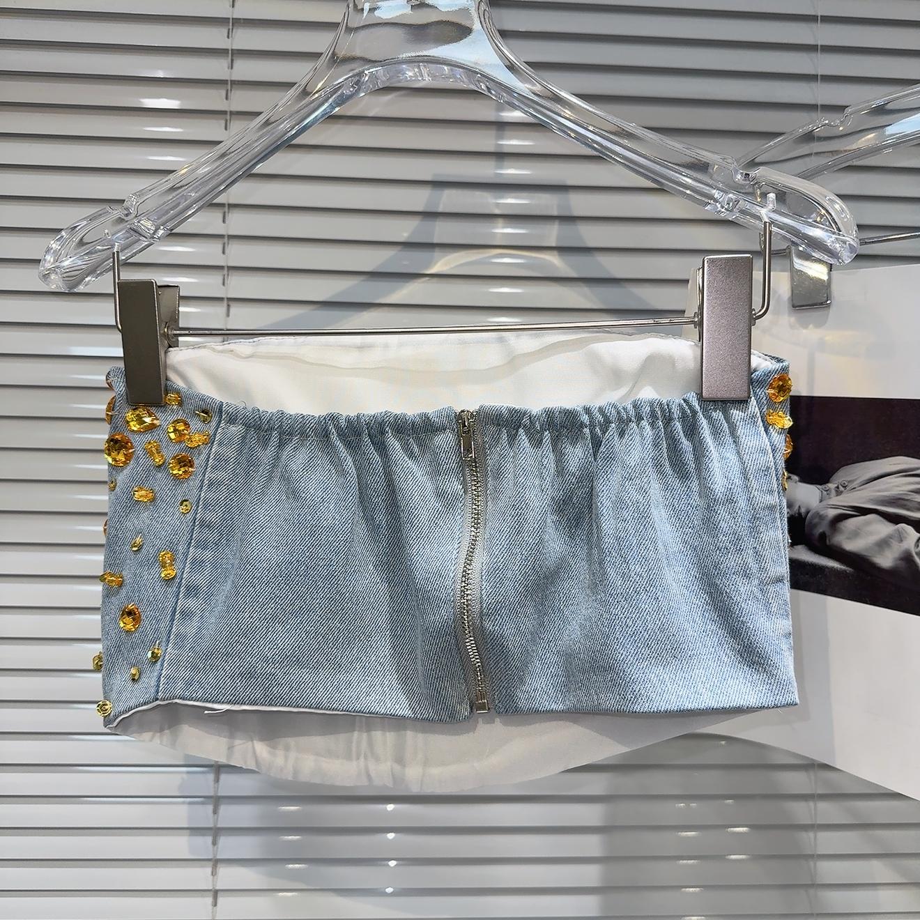 Sød denimjakkesæt til kvinder forår sommer sexet guldperlet tube top crop top retro burr denim nederdel sælges separat