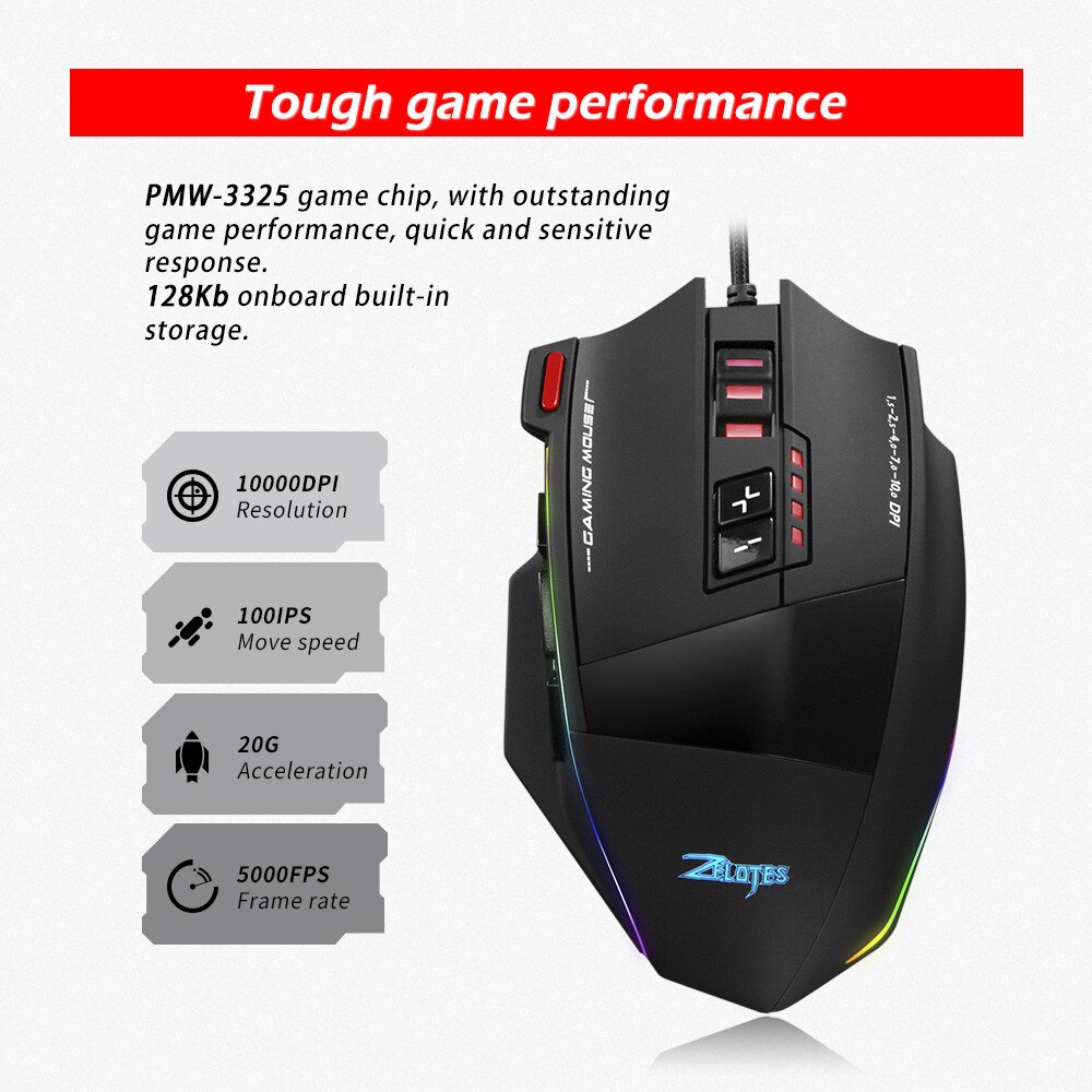 Zelotes C13 Gaming Mouse 10000 DPI 13 Programmable Buttons RGB LED Light Mice 5 DPI Options 13 Programmable Button Colorful